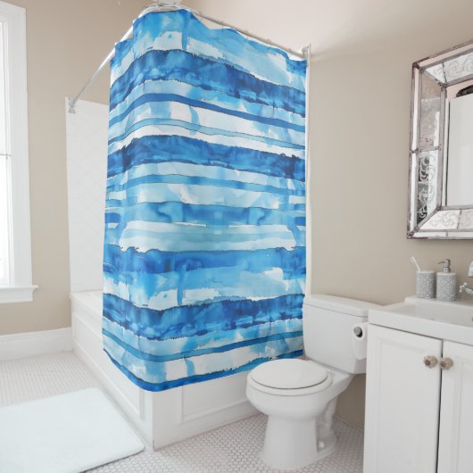 Waterverf Blauw en Wit Gestreept Douchegordijn (In situ)