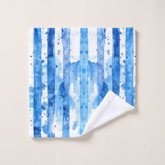 Waterverf Blauw en Wit Gestreept Stranddecor Bad Handdoek (Wasdoekje)