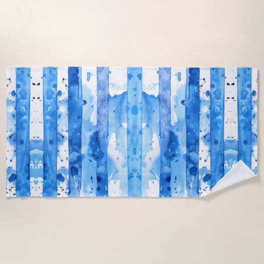 Waterverf Blauw en Wit Gestreept Stranddecor Strandlaken (Voorkant)