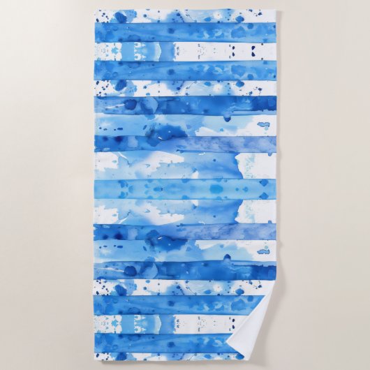 Waterverf Blauw en Wit Gestreept Stranddecor Strandlaken (Voorkant)