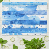 Waterverf Blauw en Wit Gestreept Stranddecor Theedoek (Gevouwen)