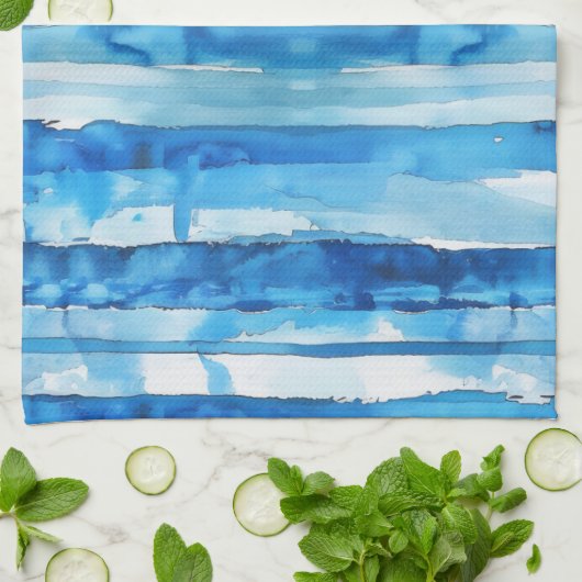 Waterverf Blauw en Wit Gestreept Theedoek (Gevouwen)