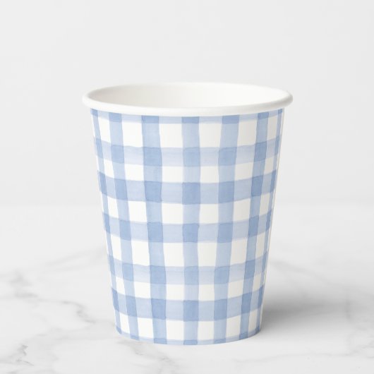 Waterverf Blauw en Wit Gingham Papieren Bekers (Achterkant)