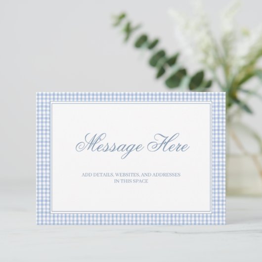 Waterverf Blauw en Wit Gingham Wedding Informatiekaartje (Staand voorkant)