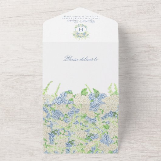 Waterverf Blauw en Wit Hydrangea Crest Bruiloft All In One Uitnodiging (Buitenkant)