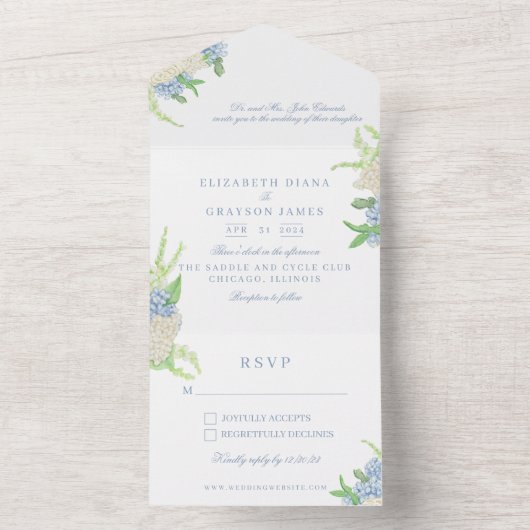 Waterverf Blauw en Wit Hydrangea Crest Bruiloft All In One Uitnodiging (Binnen)