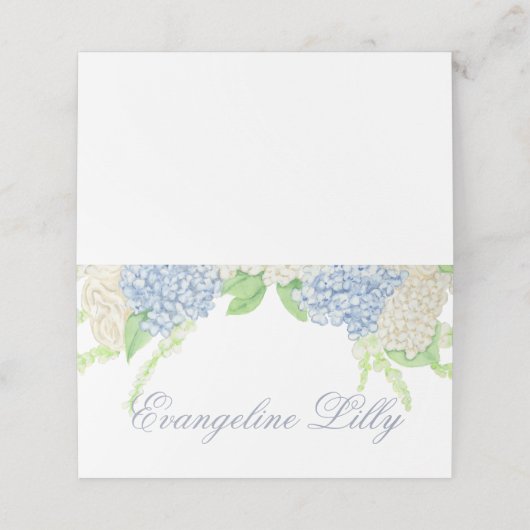 Waterverf Blauw en Wit Hydrangea Crest Bruiloft Plaatskaartje (Buitenkant ongevouwen)