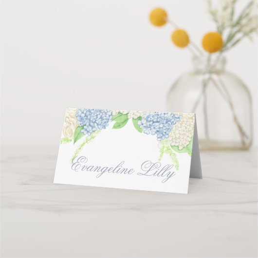 Waterverf Blauw en Wit Hydrangea Crest Bruiloft Plaatskaartje (Voorkant)