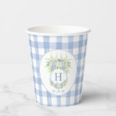 Waterverf Blauw en Wit Hydrangea Crest Gingham Papieren Bekers (Achterkant)