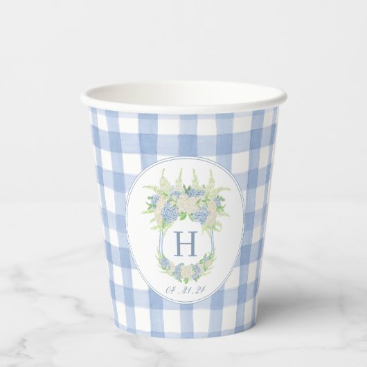 Waterverf Blauw en Wit Hydrangea Crest Gingham Papieren Bekers (Achterkant)