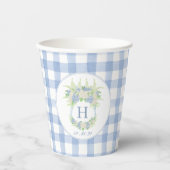 Waterverf Blauw en Wit Hydrangea Crest Gingham Papieren Bekers (Voorkant)