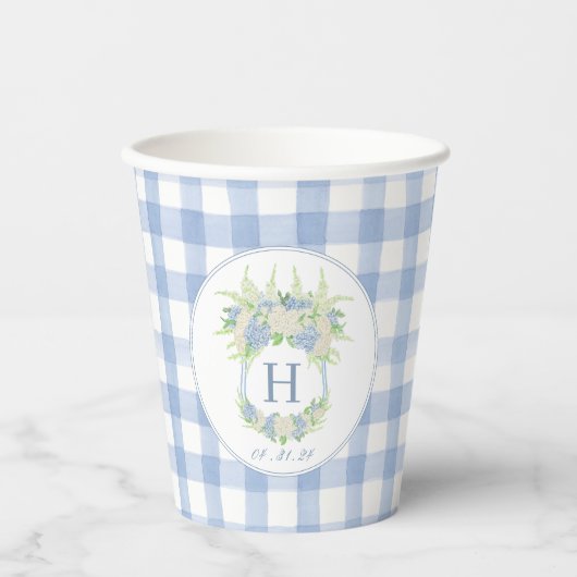 Waterverf Blauw en Wit Hydrangea Crest Gingham Papieren Bekers (Voorkant)