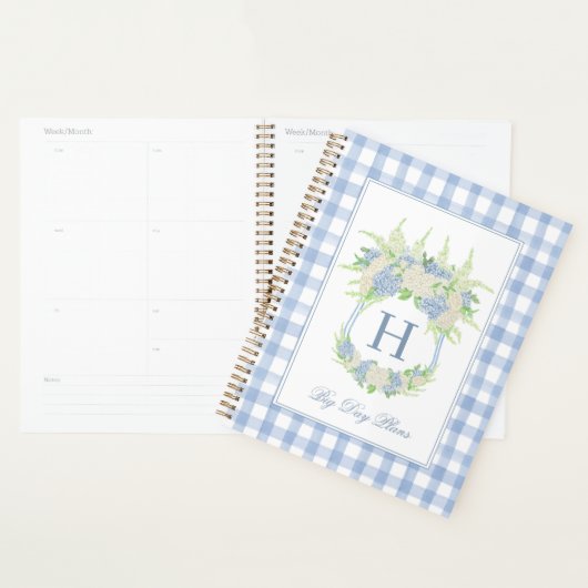 Waterverf Blauw en Wit Hydrangea Crest Gingham Planner (Display)