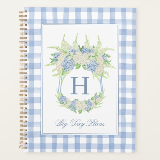Waterverf Blauw en Wit Hydrangea Crest Gingham Planner (Voorkant)