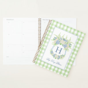 Waterverf Blauw en Wit Hydrangea Crest Gingham Planner