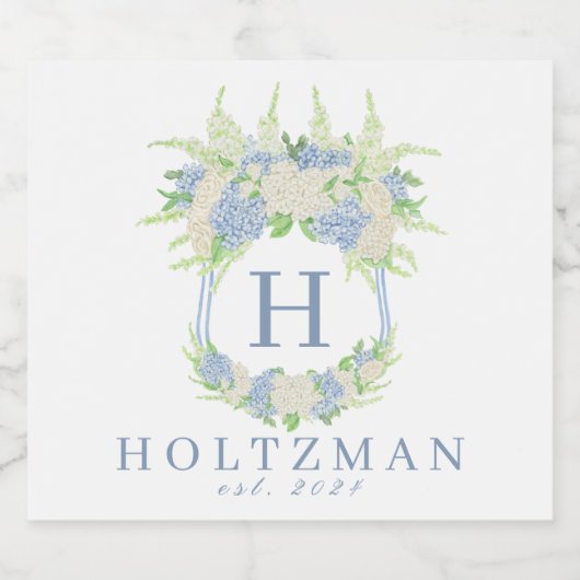 Waterverf Blauw en Wit Hydrangea Crest Likeurfles Etiket (Enkel label)