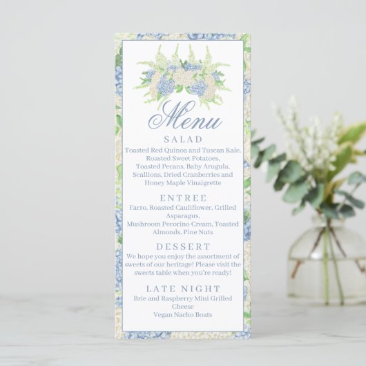 Waterverf Blauw en Wit Hydrangea Crest Menu (Staand voorkant)