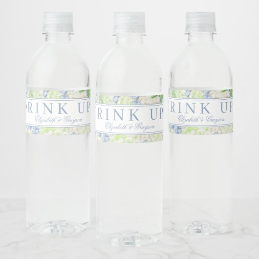 Waterverf Blauw en Wit Hydrangea Crest Waterfles Etiket (Flessen)