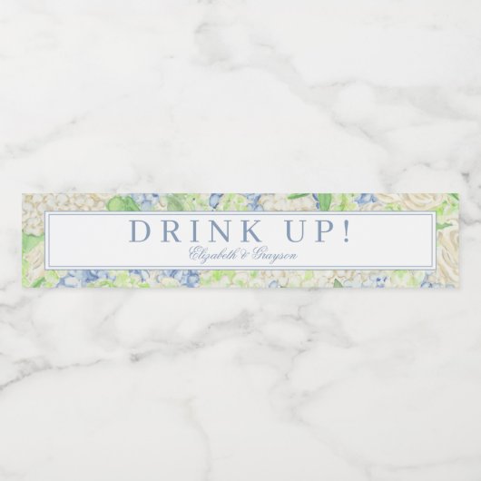 Waterverf Blauw en Wit Hydrangea Crest Waterfles Etiket (Enkel label)