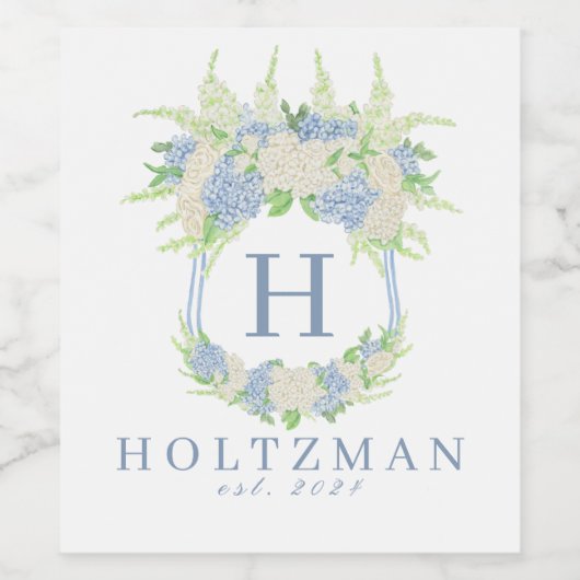 Waterverf Blauw en Wit Hydrangea Crest Wijn Etiket (Enkel label)