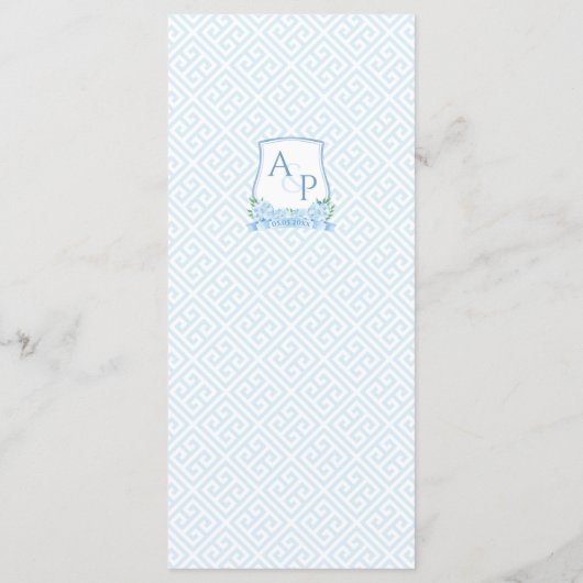 Waterverf blauw en wit kuif bruiloft receptie menu (Achterkant)