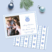 Waterverf blauw en wit Ornament kerstfoto Feestdagenkaart