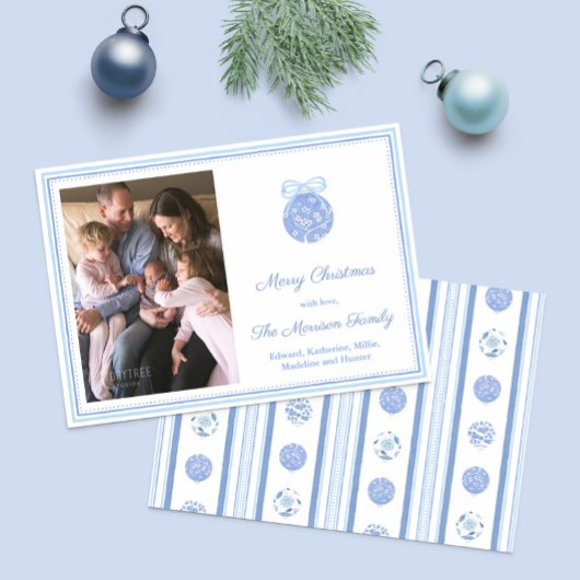 Waterverf blauw en wit Ornament kerstfoto Feestdagenkaart