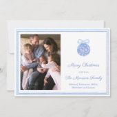 Waterverf blauw en wit Ornament kerstfoto Feestdagenkaart (Voorkant)