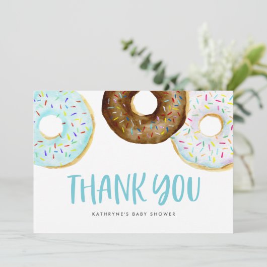 Waterverf Blauw en Witte Donuts Baby Sprinkle Bedankkaart (Staand voorkant)