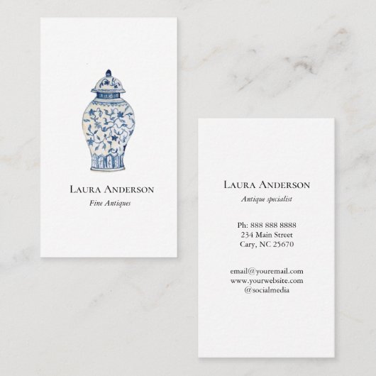 Waterverf Blauw en witte Urn Visitekaartje (Voorkant / Achterkant)