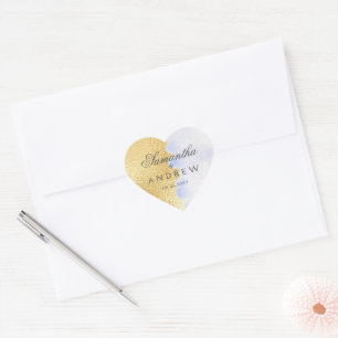 Waterverf Blauw Faux Gouden Folie Monogram Hart Sticker