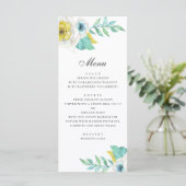 Waterverf blauw geel en mint bloem bruiloft menu (Staand voorkant)