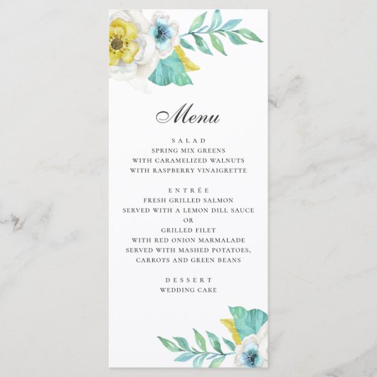 Waterverf blauw geel en mint bloem bruiloft menu (Voorkant)
