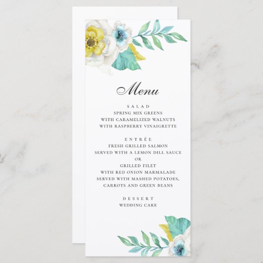 Waterverf blauw geel en mint bloemenbruiloft menu (Voorkant / Achterkant)