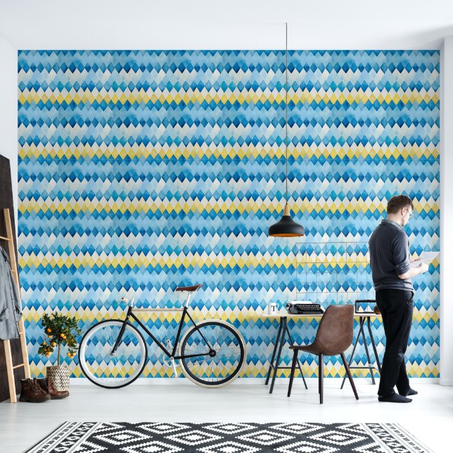Waterverf blauw geel wit geometrisch patroon behang (Woonkamer)