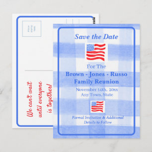 Waterverf Blauw Geruit USA Vlag SAVE THE DATE Briefkaart
