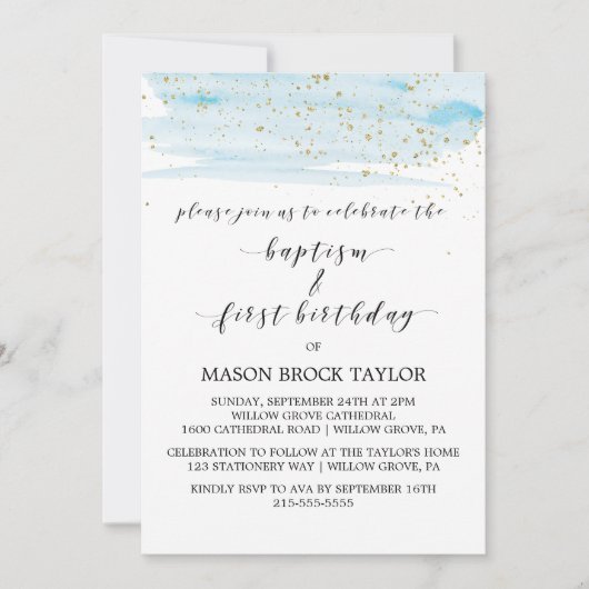 Waterverf Blauw & Gold Baptisme & 1e verjaardag Kaart (Voorkant)