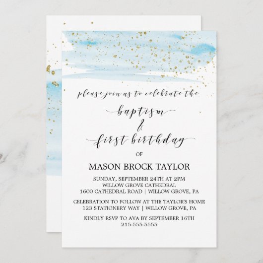 Waterverf Blauw & Gold Baptisme & 1e verjaardag Kaart (Voorkant / Achterkant)