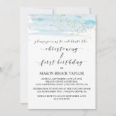 Waterverf Blauw & Gold Christening & 1e verjaardag Kaart (Voorkant)