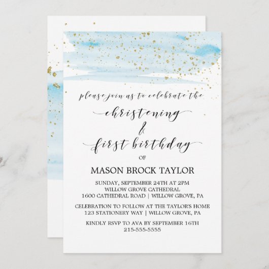 Waterverf Blauw & Gold Christening & 1e verjaardag Kaart (Voorkant / Achterkant)