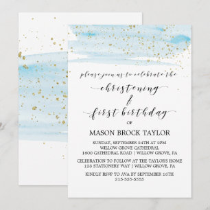 Waterverf Blauw & Gold Christening & 1e verjaardag Kaart
