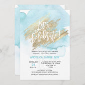 Waterverf Blauw Goud Baby shower Laten we vieren Kaart (Voorkant / Achterkant)