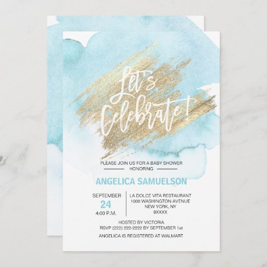 Waterverf Blauw Goud Baby shower Laten we vieren Kaart (Voorkant / Achterkant)
