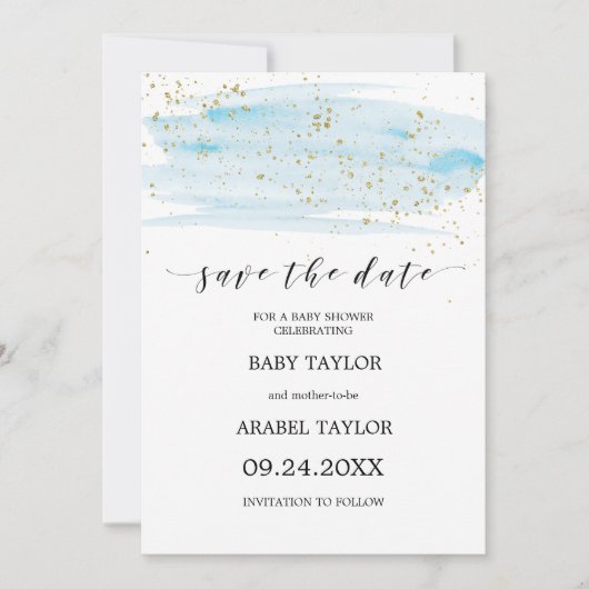 Waterverf Blauw & Goud Baby shower Sla de Datum op Kaart (Voorkant)