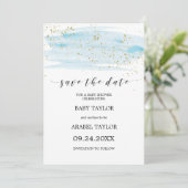 Waterverf Blauw & Goud Baby shower Sla de Datum op Kaart (Staand voorkant)