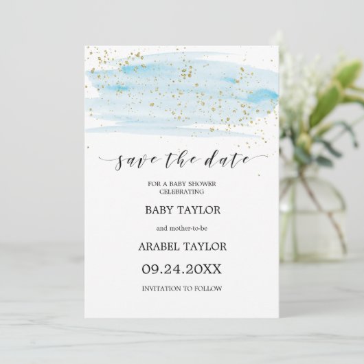 Waterverf Blauw & Goud Baby shower Sla de Datum op Kaart (Staand voorkant)