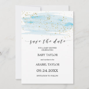 Waterverf Blauw & Goud Baby shower Sla de Datum op Kaart