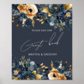 Waterverf Blauw Goud Bloemen Bruiloft Poster (Voorkant)