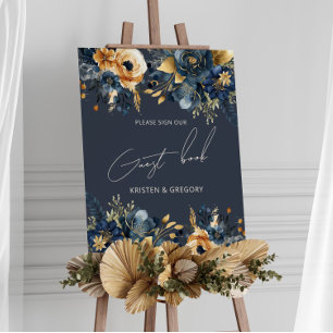 Waterverf Blauw Goud Bloemen Bruiloft Poster