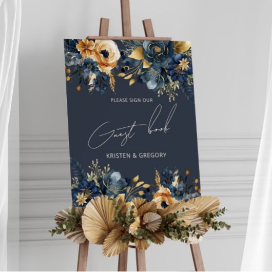 Waterverf Blauw Goud Bloemen Bruiloft Poster
